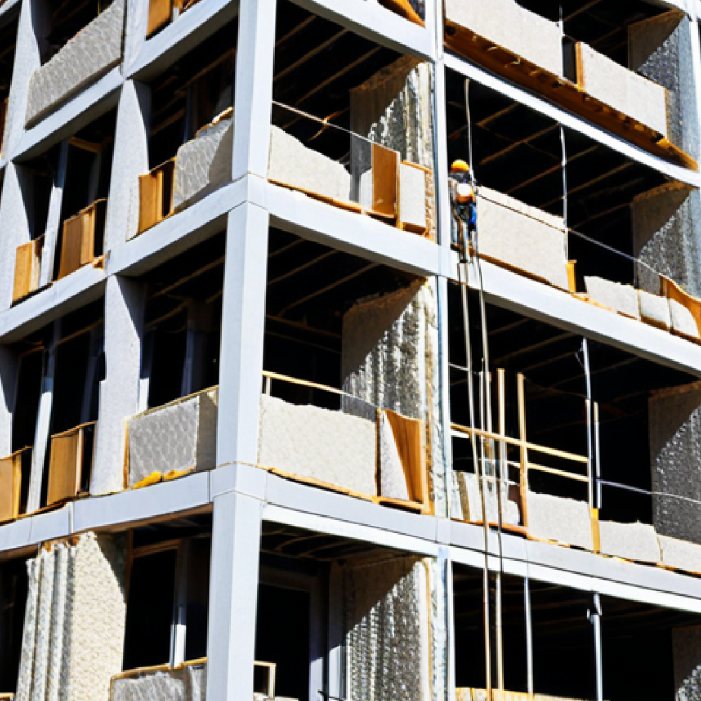 **

A construction site featuring workers installing innovative insulation materials on a high-rise building. The image should emphasize the sleek design and advanced technology of the materials, conveying a sense of modernity and energy efficiency. Focus on the exterior of the building, highlighting the insulation's impact on the building's overall aesthetic. Consider a sunny day with a clear blue sky to showcase the building's visual appeal.

**