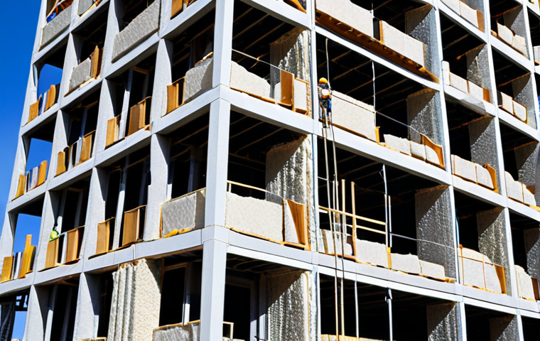 **
A construction site featuring workers installing innovative insulation materials on a high-rise building. The image should emphasize the sleek design and advanced technology of the materials, conveying a sense of modernity and energy efficiency. Focus on the exterior of the building, highlighting the insulation's impact on the building's overall aesthetic. Consider a sunny day with a clear blue sky to showcase the building's visual appeal.
**