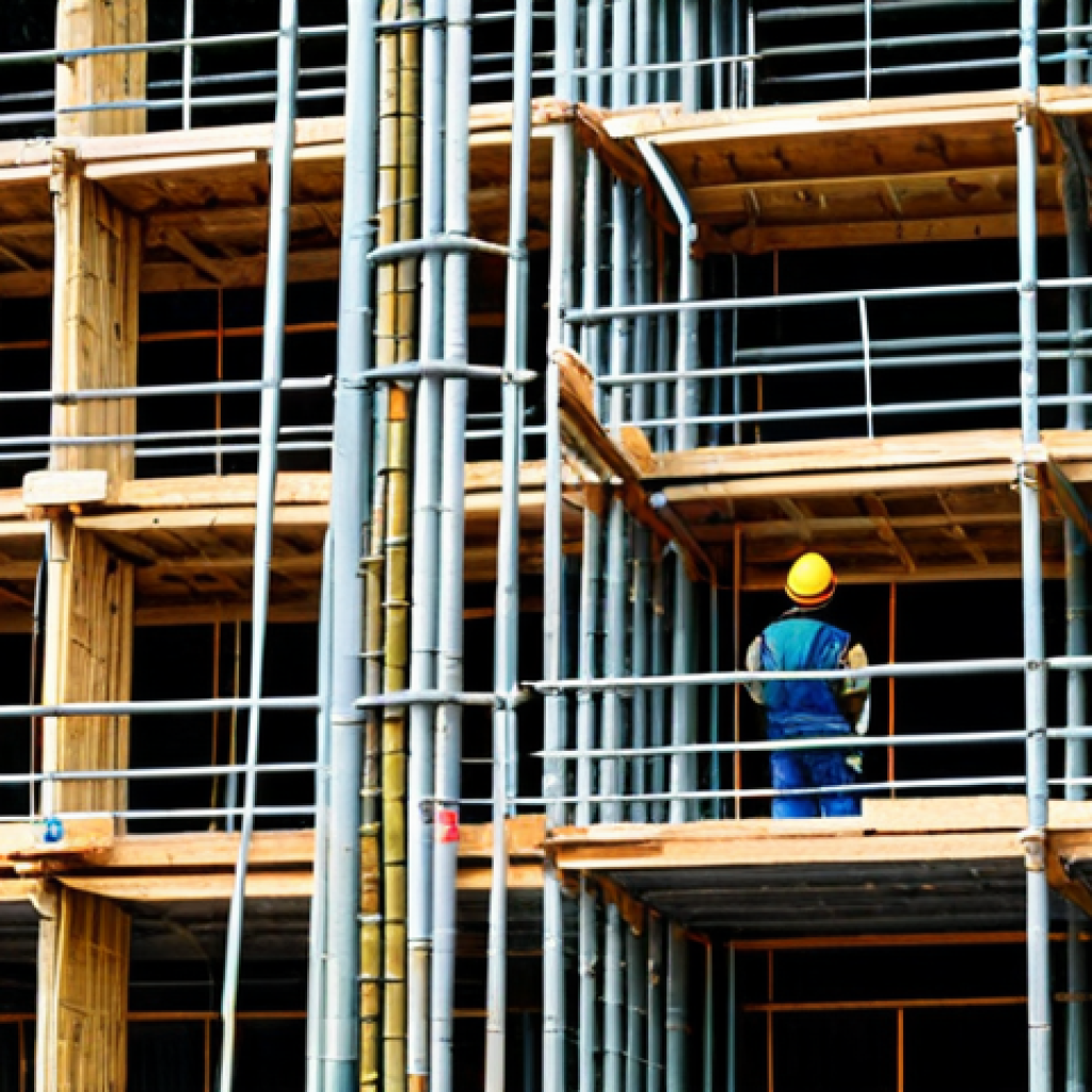 Sustainable Construction Site**
A construction site showcasing the use of sustainable materials; workers in hard hats and vests are assembling a building with visible bamboo scaffolding and recycled steel beams, fully clothed, appropriate attire, professional construction, safe for work, perfect anatomy, natural proportions, environmental awareness, modest building design.
**
