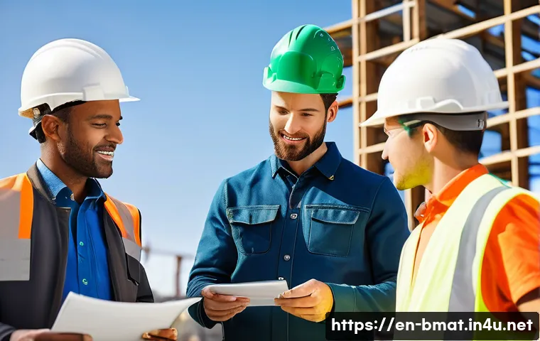 건축자재 마케팅 전문가 되는 법 - A professional construction site scene showcasing a diverse group of contractors and architects in s...
