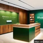 Home 14 건축자재 브랜딩 성공 전략 - A modern construction materials company office reception area featuring a cohesive brand identity: e...