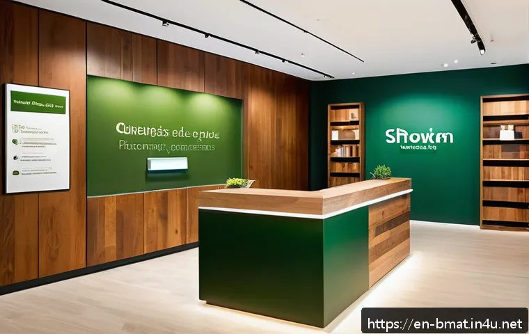 건축자재 브랜딩 성공 전략 - A modern construction materials company office reception area featuring a cohesive brand identity: e...
