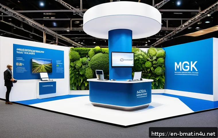 건축자재 수출 마케팅 전략 - A modern international construction trade show booth featuring a sleek, professional design with int...