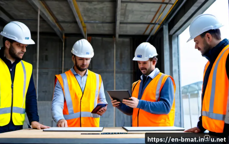 건축자재 관련 국제 규정 이해 - Photorealistic construction compliance inspection at a modern commercial building site, diverse team...